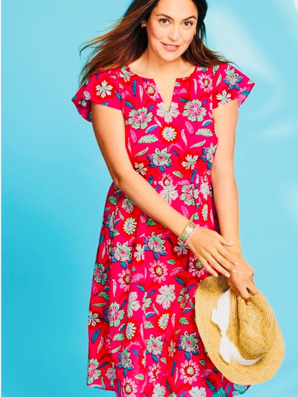 Talbots Red Floral Midi Dress with Flutter Sleeves.
